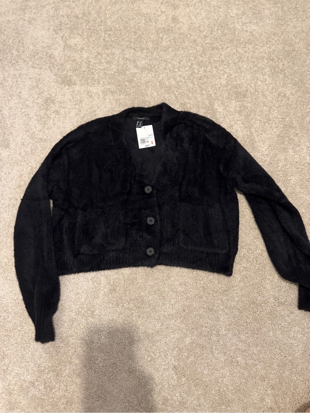 Forever 21 Black Fuzzy Button-Up Cropped Cardigan